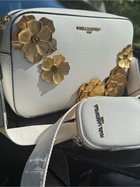 Karl Lagerfeld White Crossbody with Gold Floral Appliqués